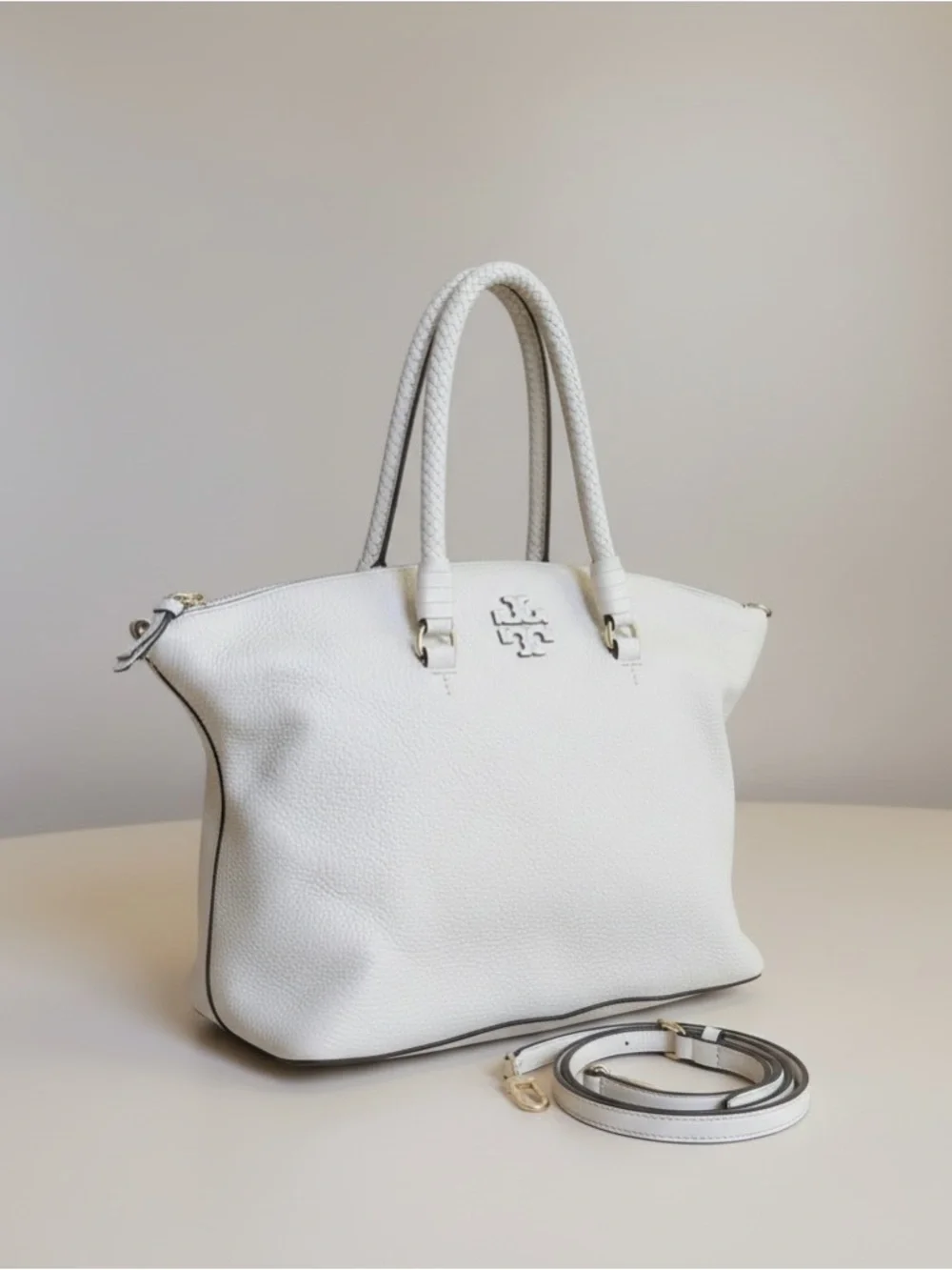 Tory Burch Pebbled Leather Ivory Satchel Tote Crossbody Bag w Dust Bag